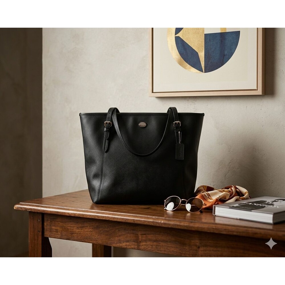 COACH Peyton Leather Zip Top Tote/Bag/Purse,Black/Silver,Classic,Timeless - Picture 3 of 14